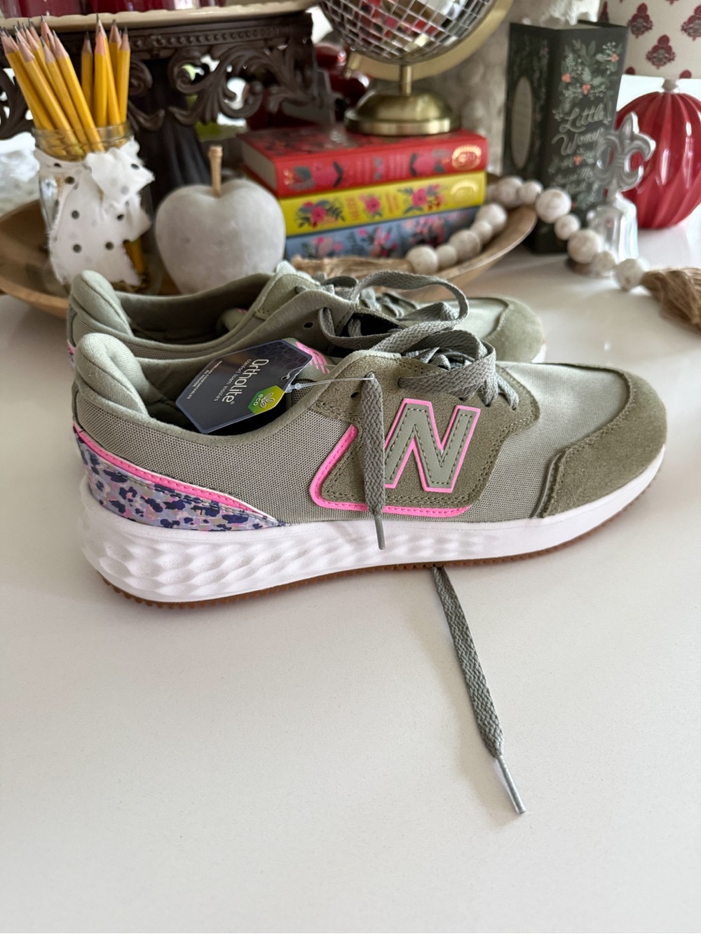 New Balance Women’s Olive Green Sneakers with Pink Trim